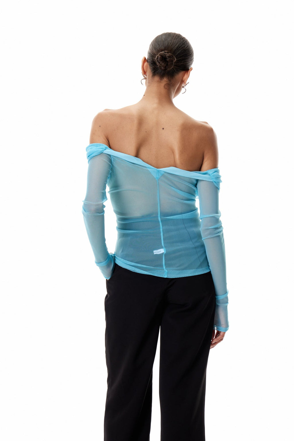 Clement Off Shoulder Ruch Mesh Top In Blue
