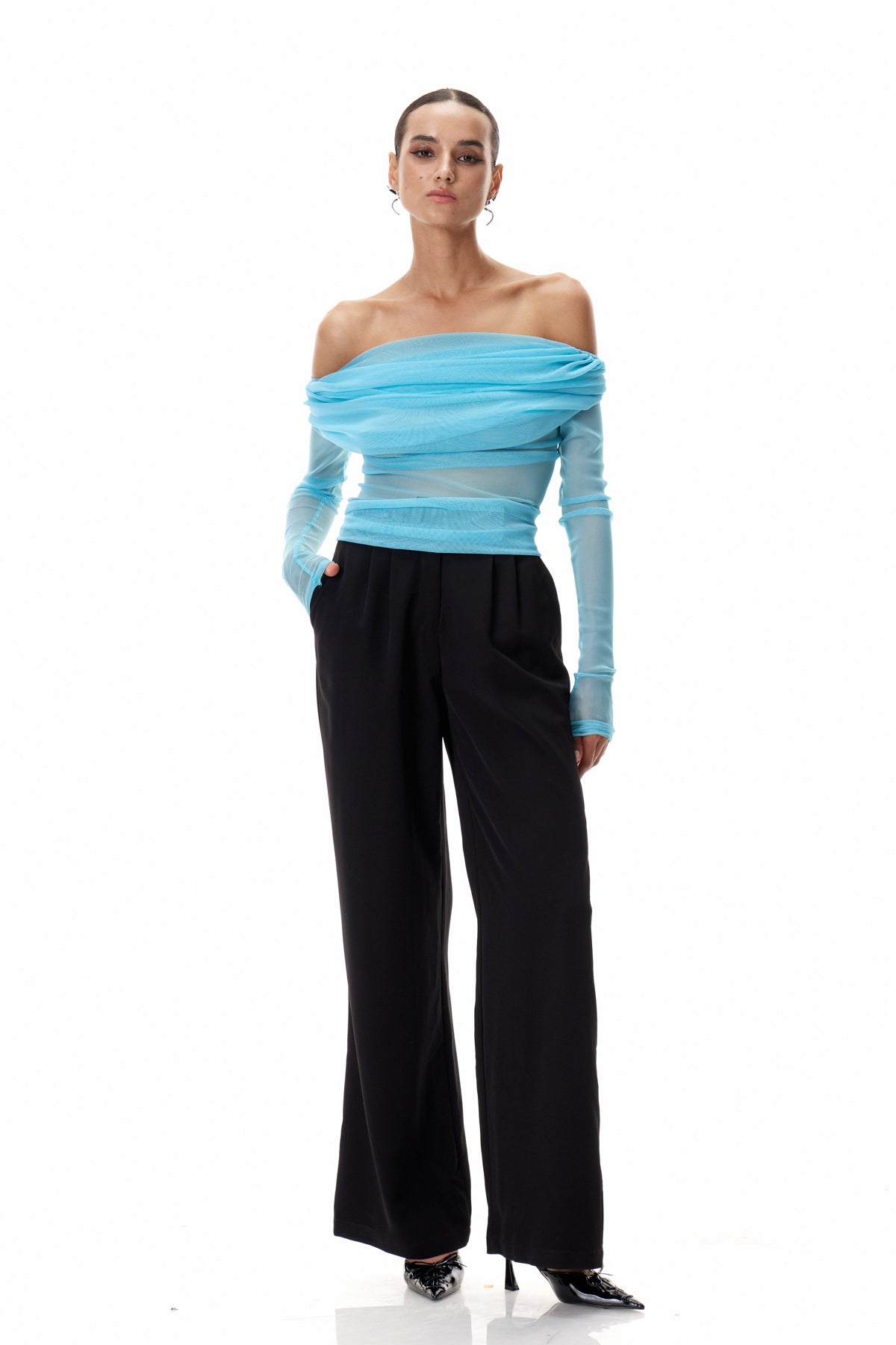 Clement Off Shoulder Ruch Mesh Top In Blue