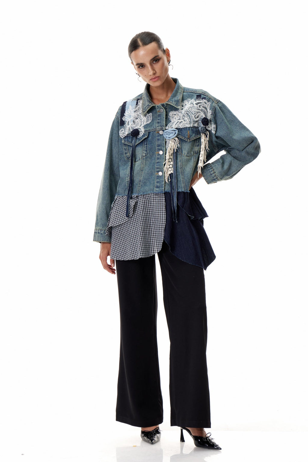 Clementia Patchwork Grid Denim Jacket