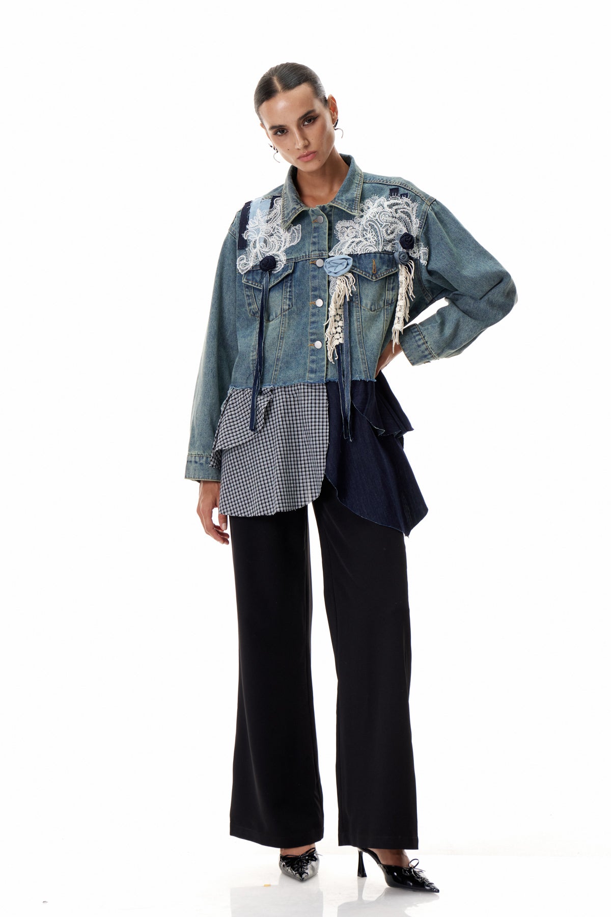 Clementia Patchwork Grid Denim Jacket