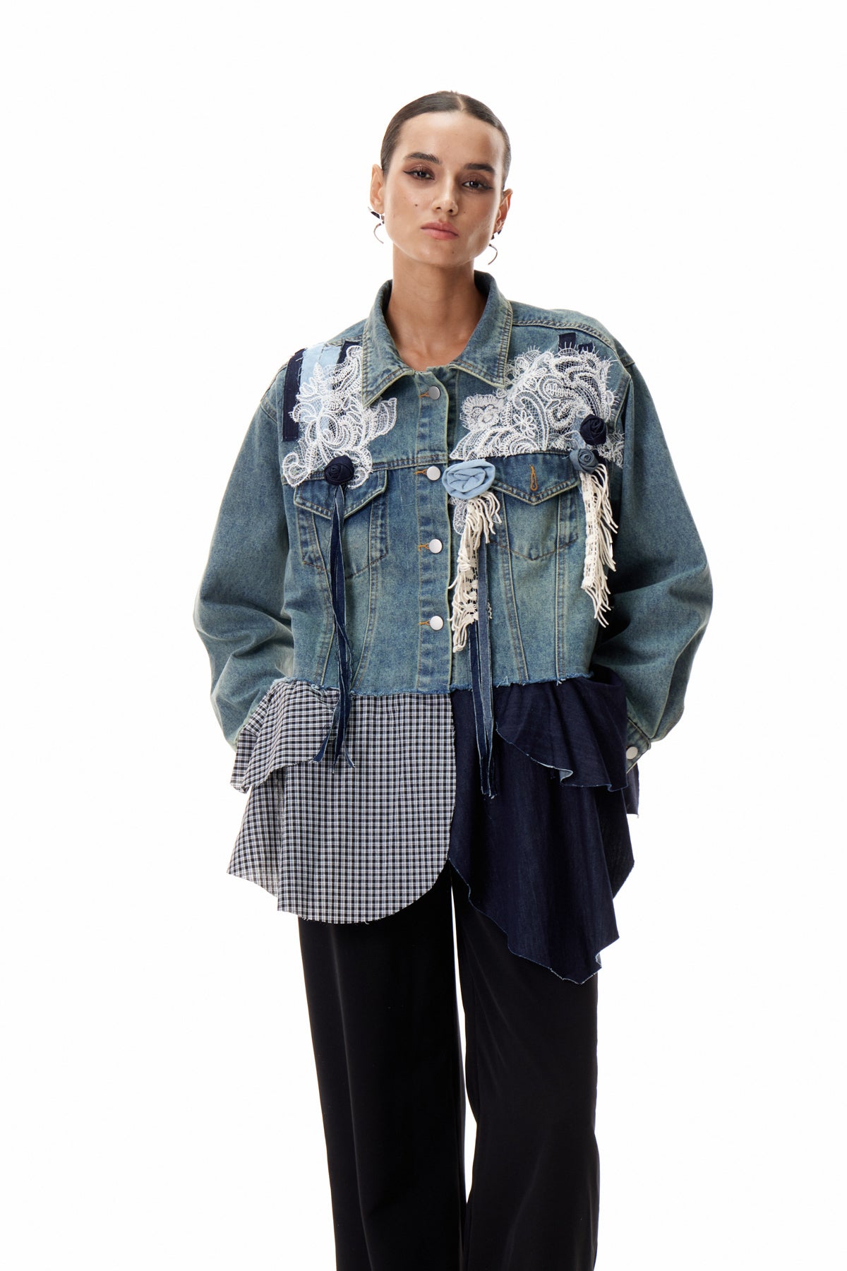 Clementia Patchwork Grid Denim Jacket