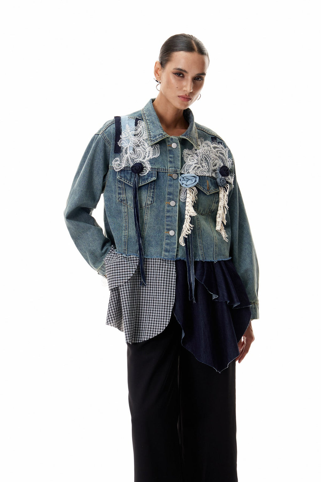 Clementia Patchwork Grid Denim Jacket