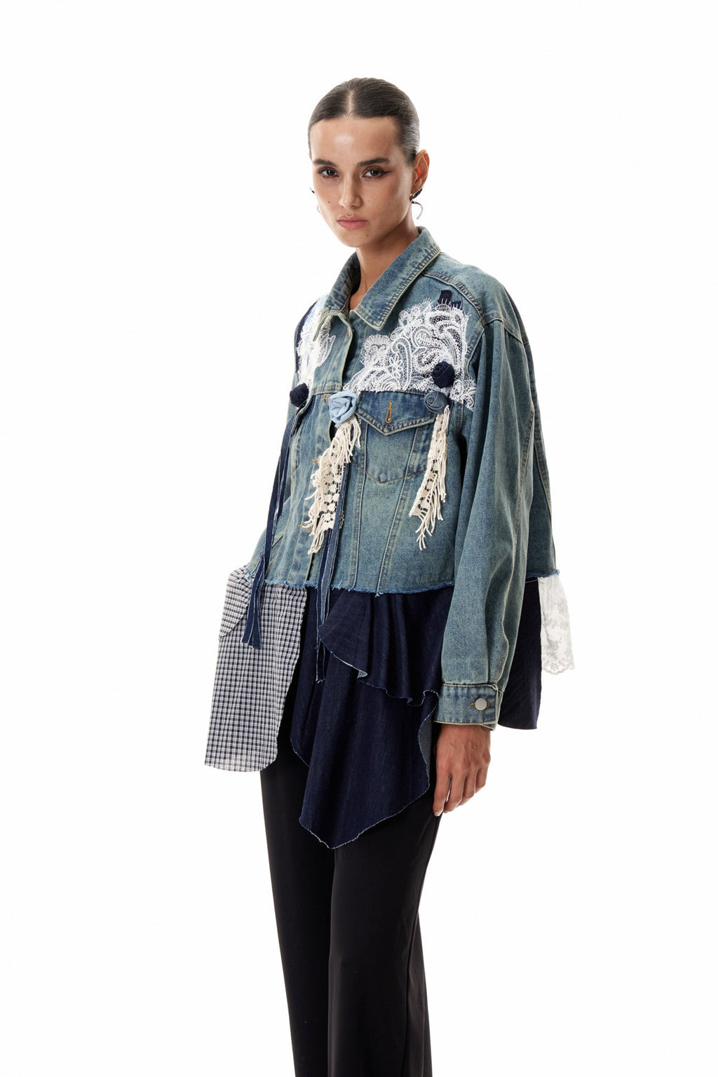 Clementia Patchwork Grid Denim Jacket