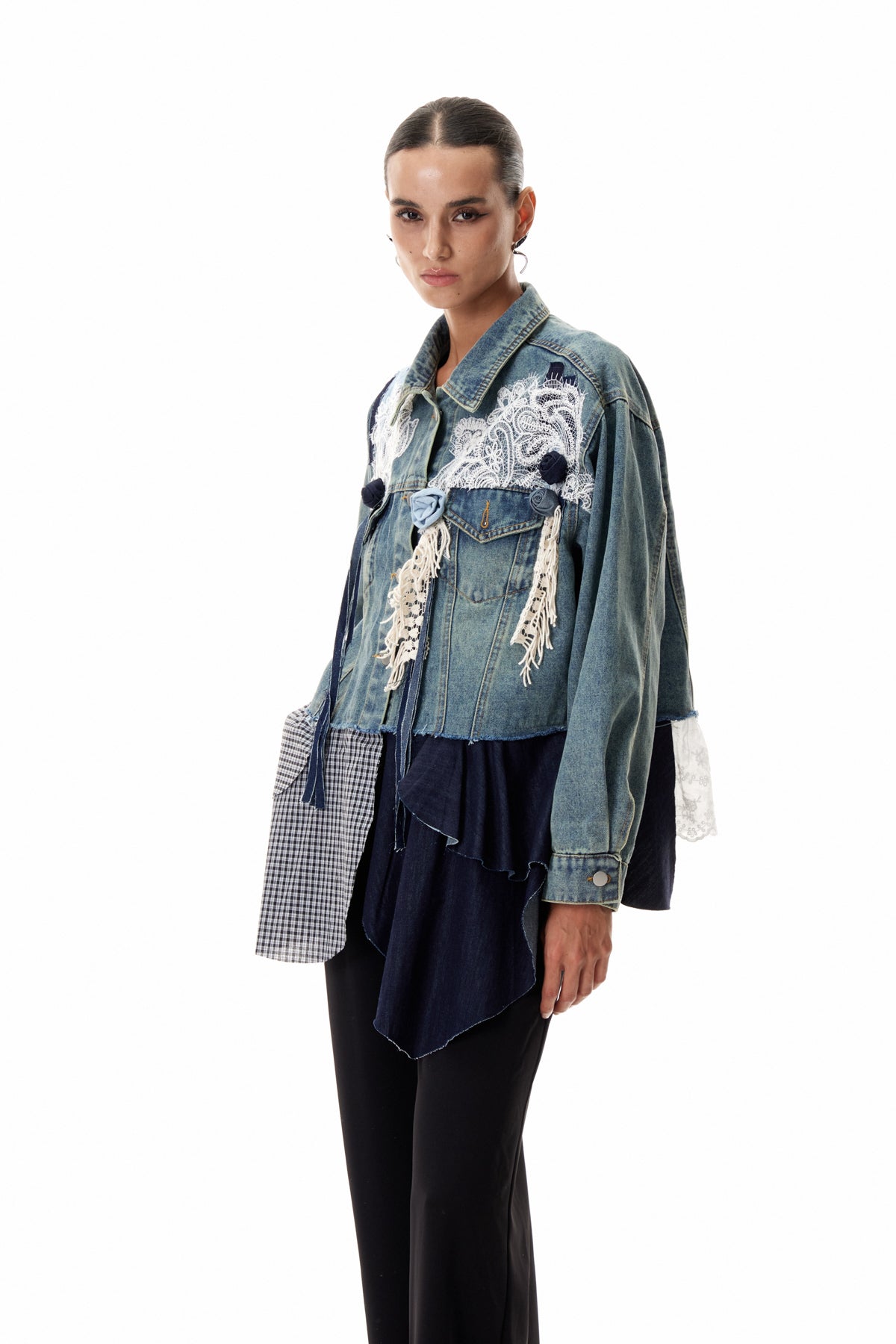Clementia Patchwork Grid Denim Jacket