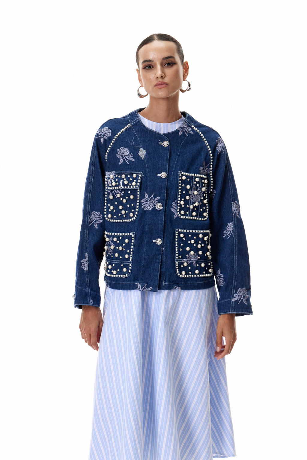 Clementius Pearl Embroidered Denim Jacket