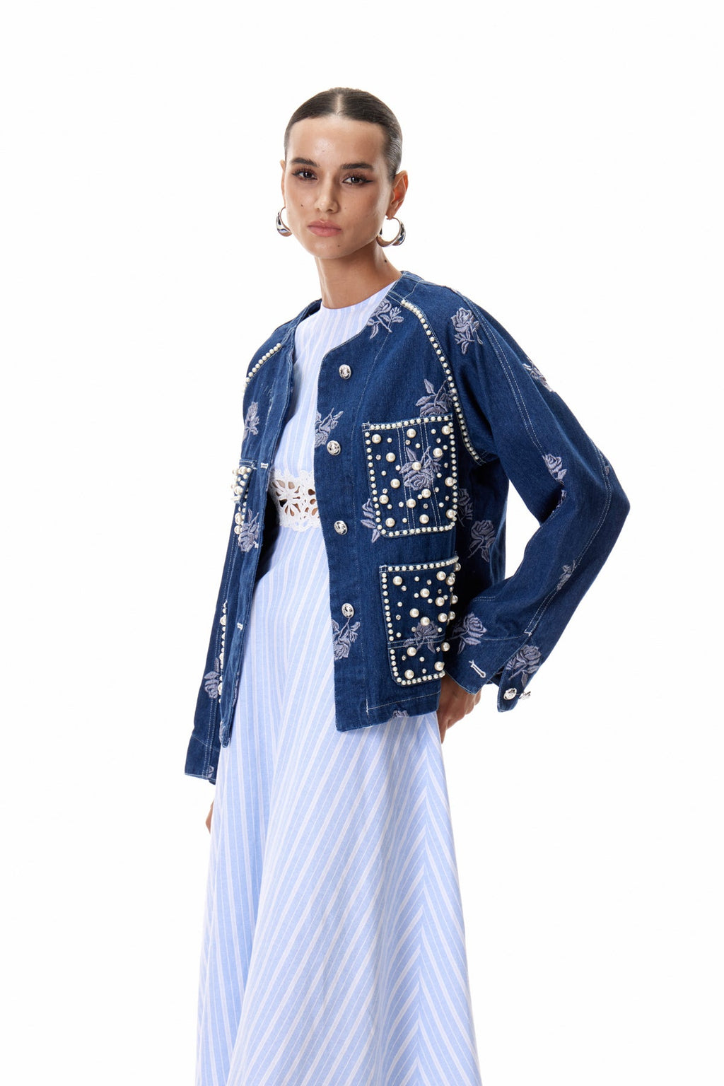 Clementius Pearl Embroidered Denim Jacket
