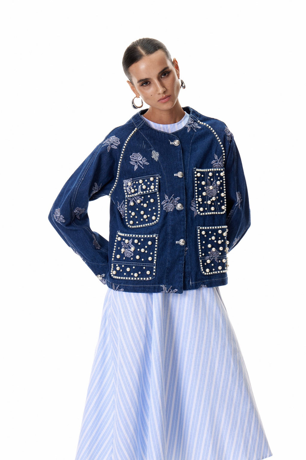 Clementius Pearl Embroidered Denim Jacket
