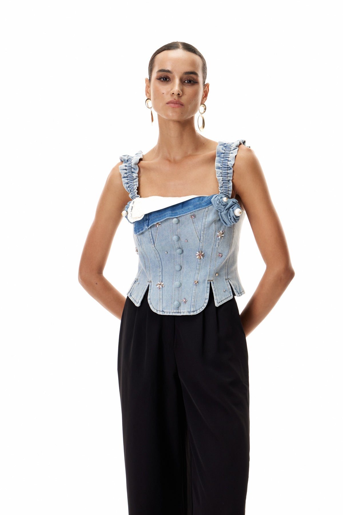 Cleon Embellished Corset Denim Top