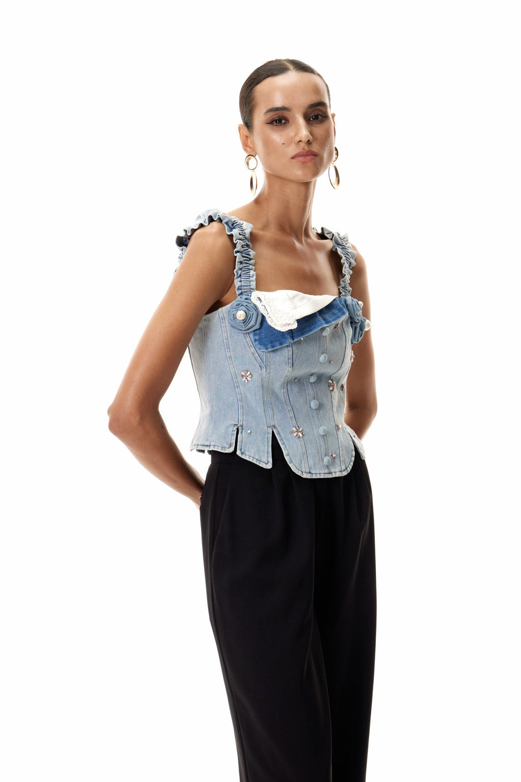 Cleon Embellished Corset Denim Top