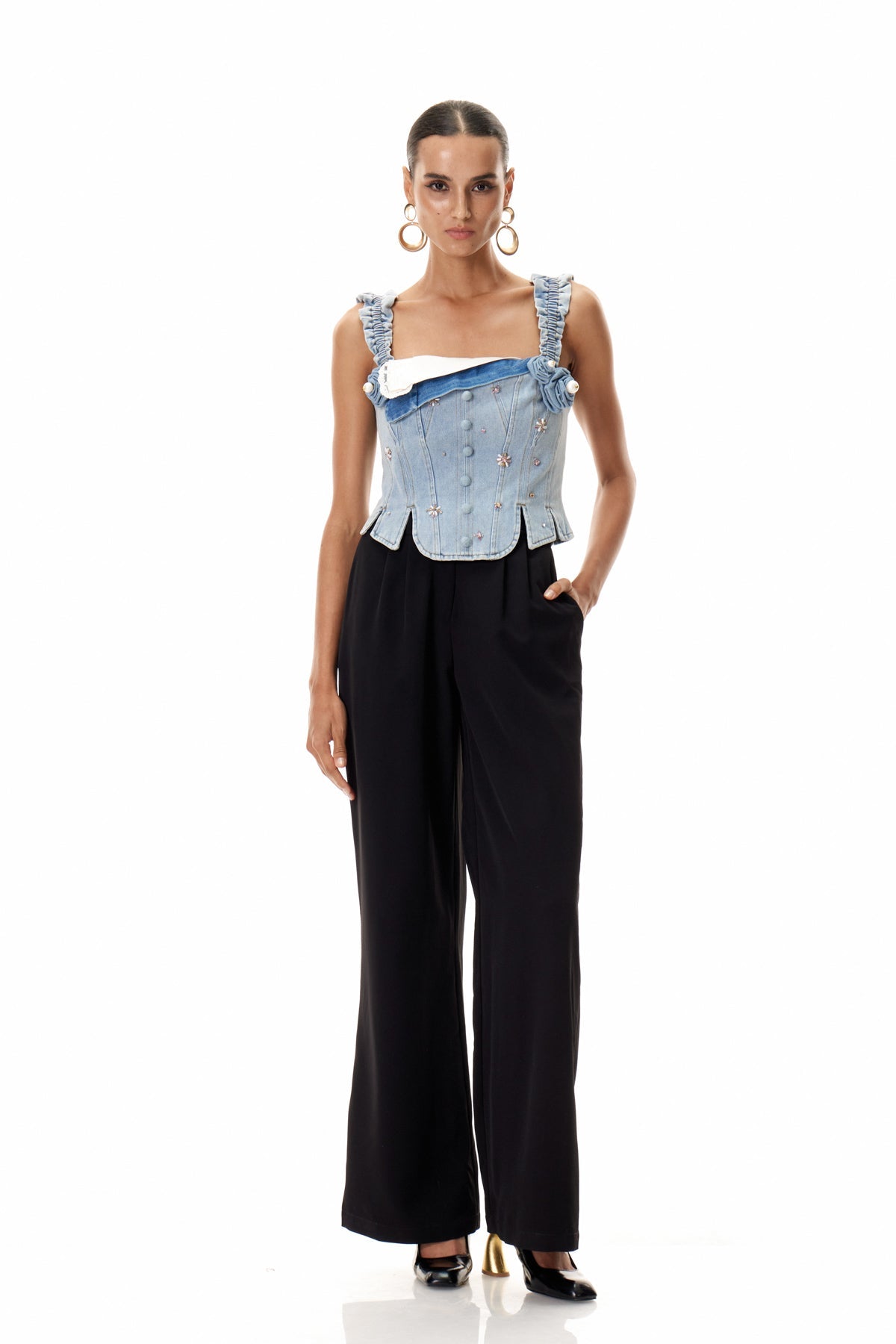 Cleon Embellished Corset Denim Top