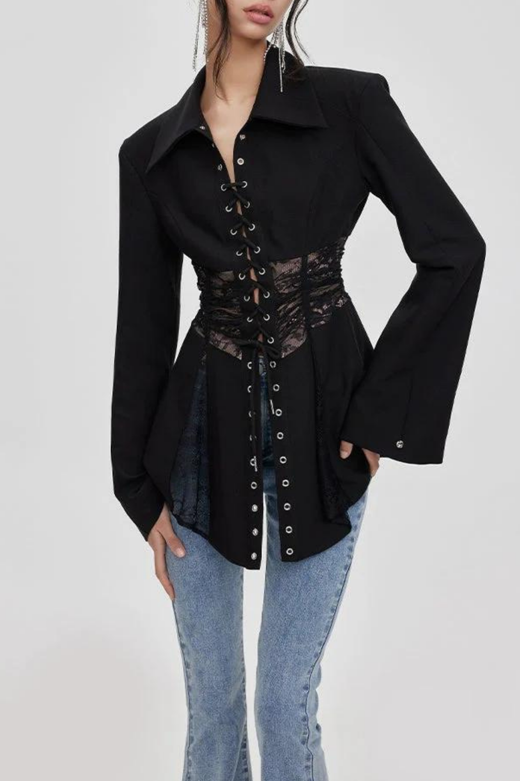 Clover See Through Lace Up Shirt In Black