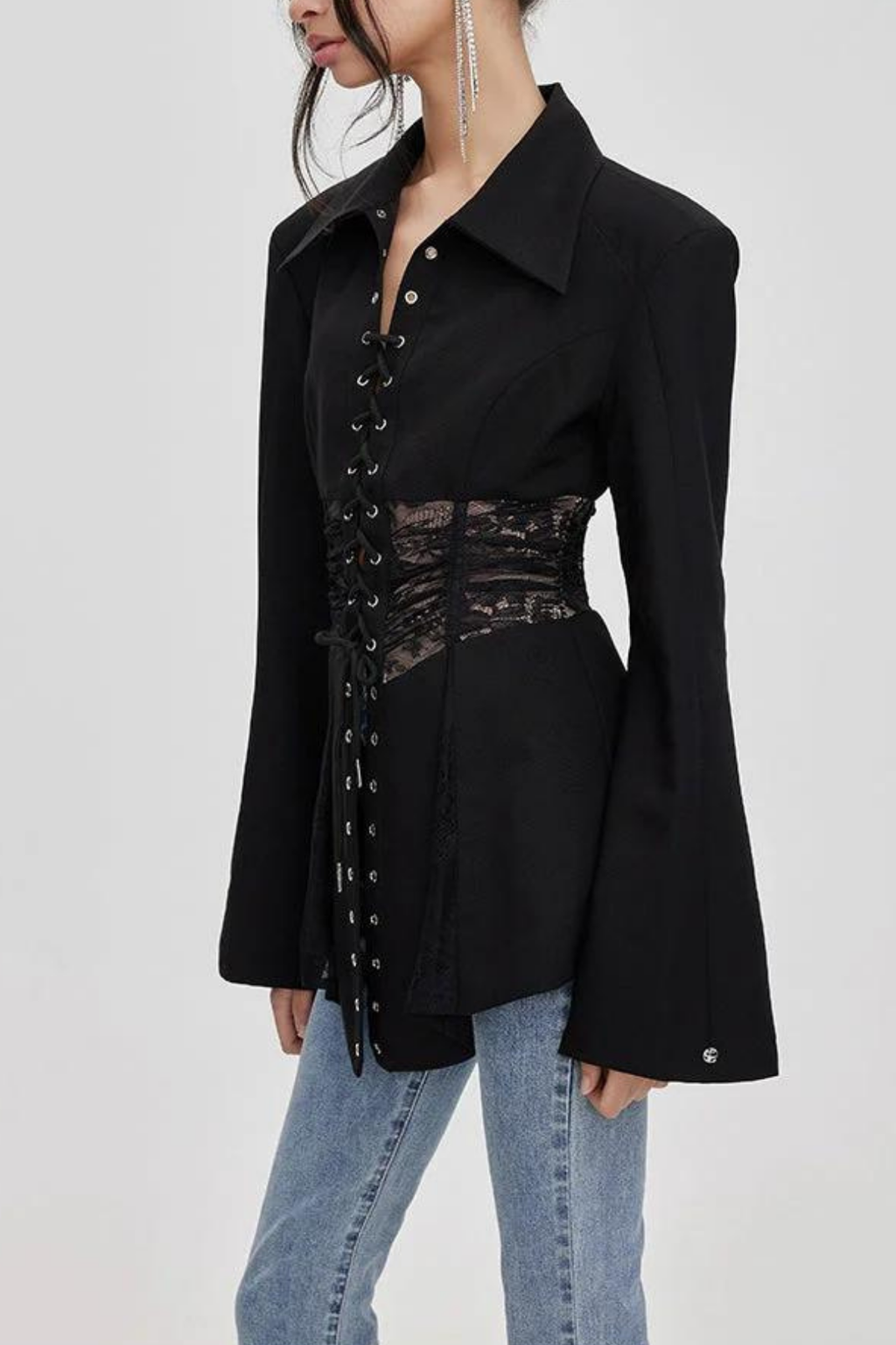 Clover See Through Lace Up Shirt In Black