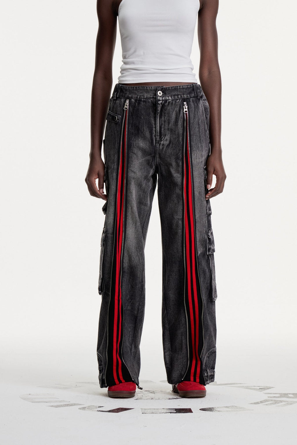 Colomba Zipper Stripe Cargo Jeans In Black