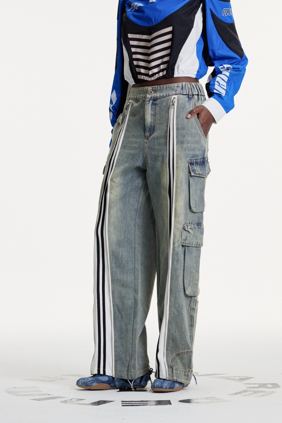 Colomba Zipper Stripe Cargo Jeans In Blue