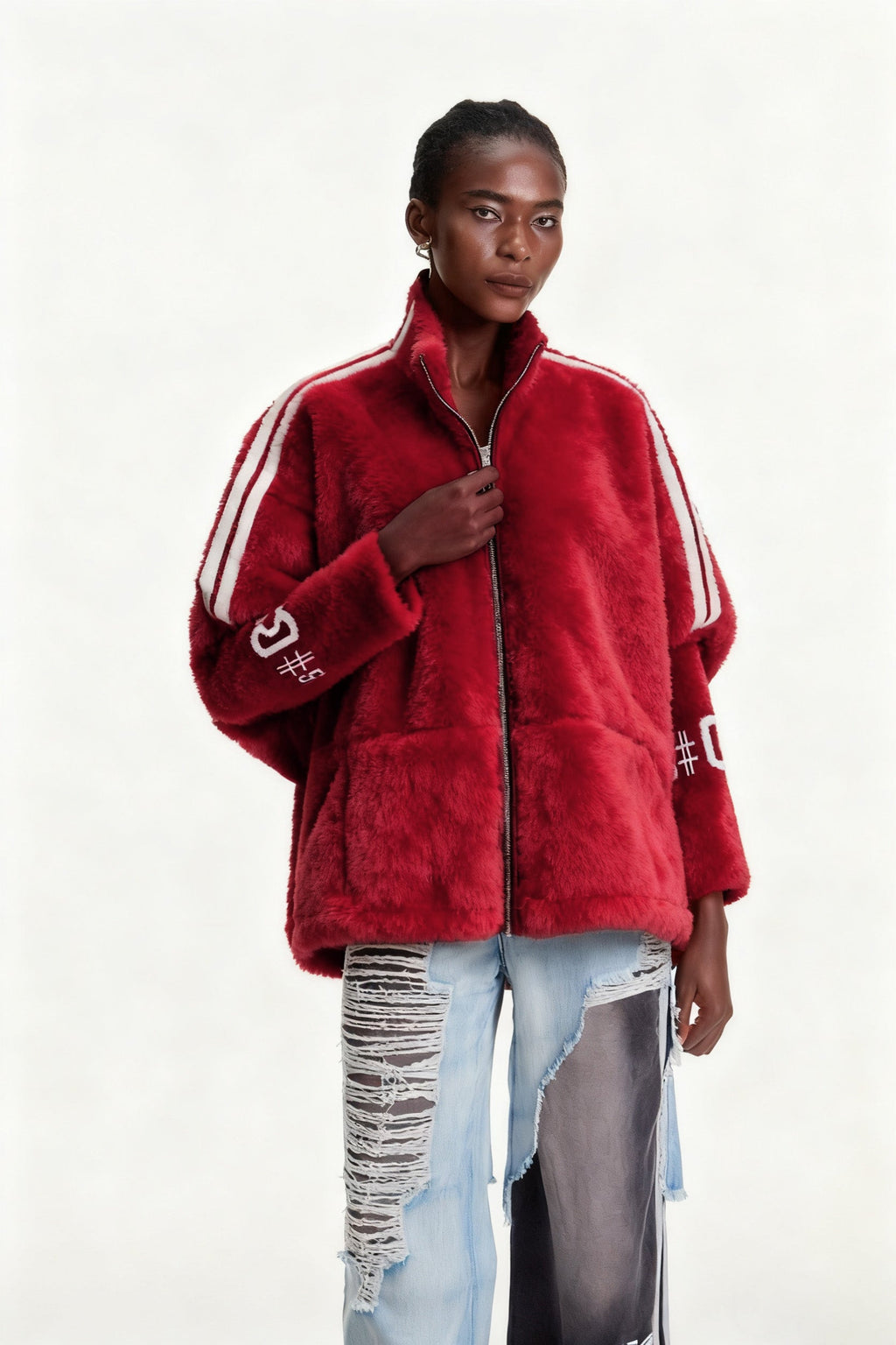 Edel Stand Collar Faux Fur Jacket In Red