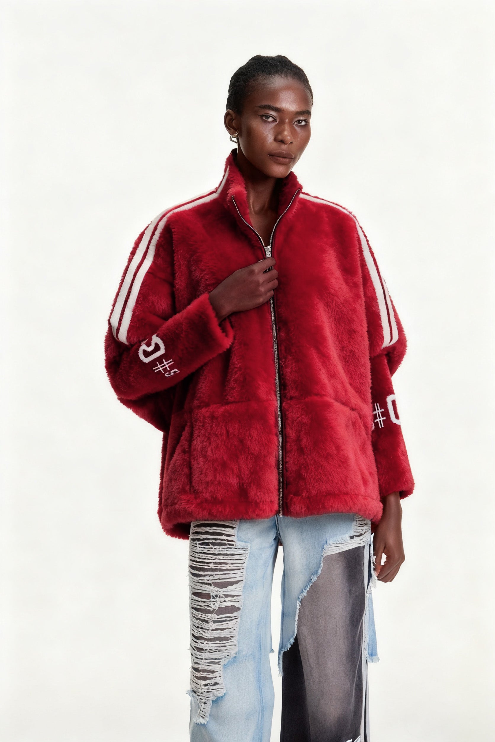 Edel Stand Collar Faux Fur Jacket In Red