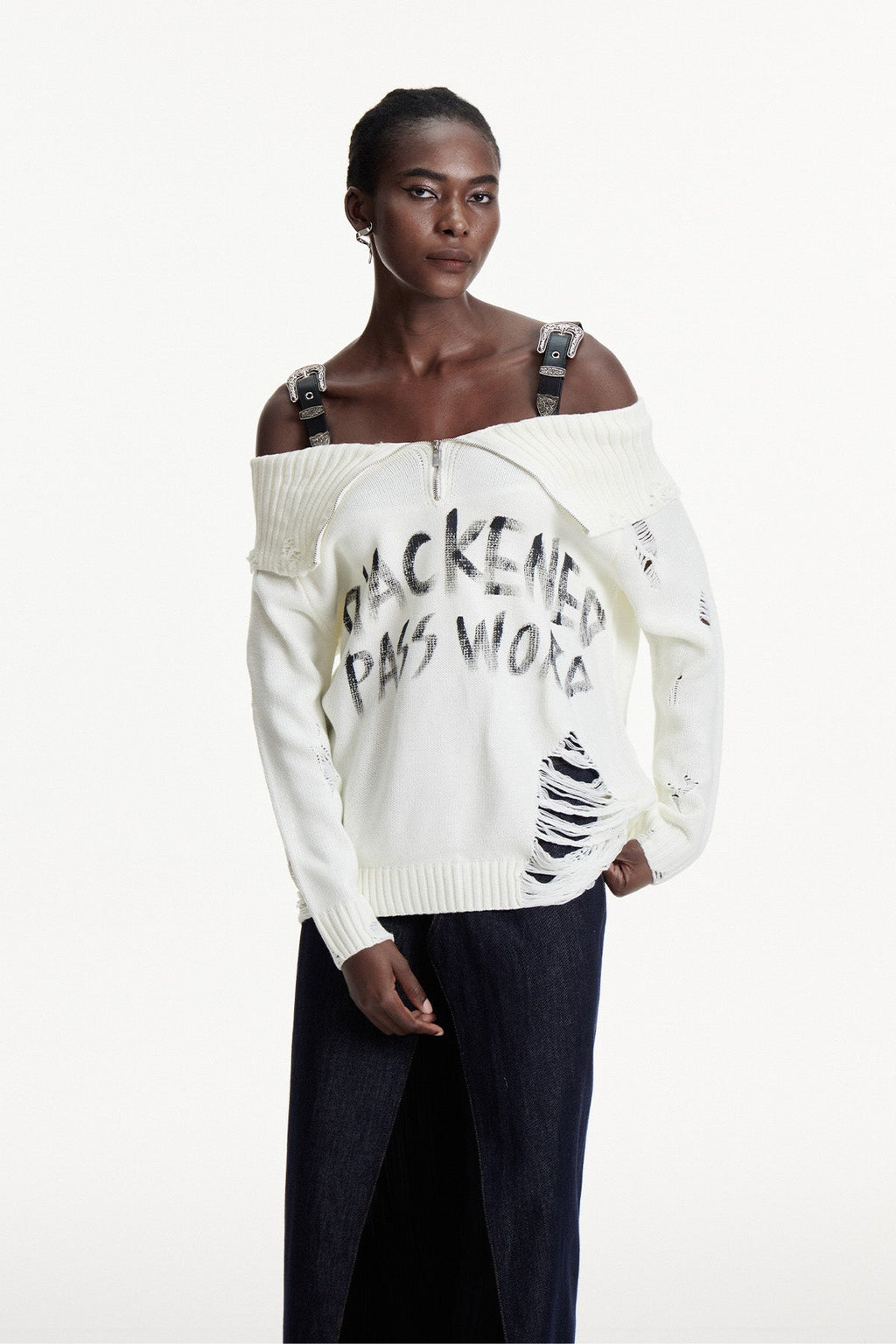 Conlaoch Off Shoulder Fringe Knit Top In White