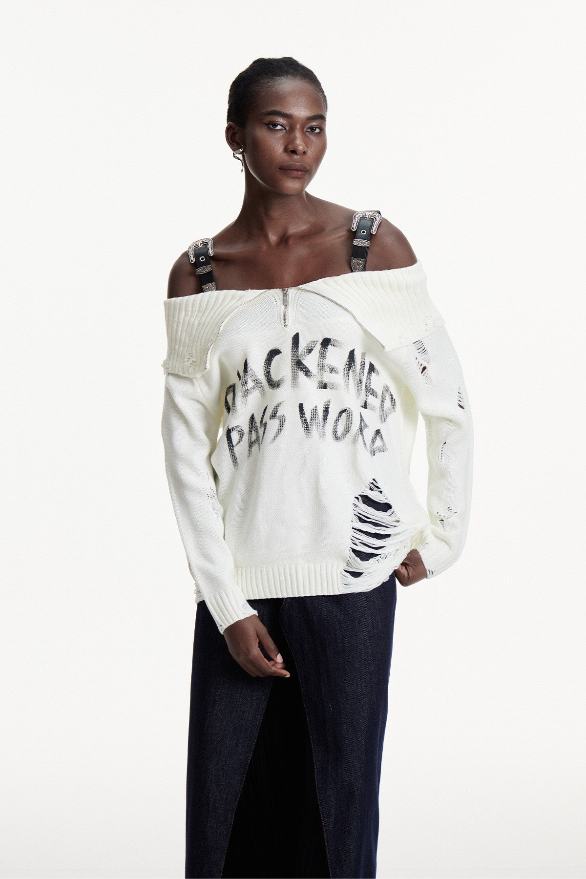 Conlaoch Off Shoulder Fringe Knit Top In White