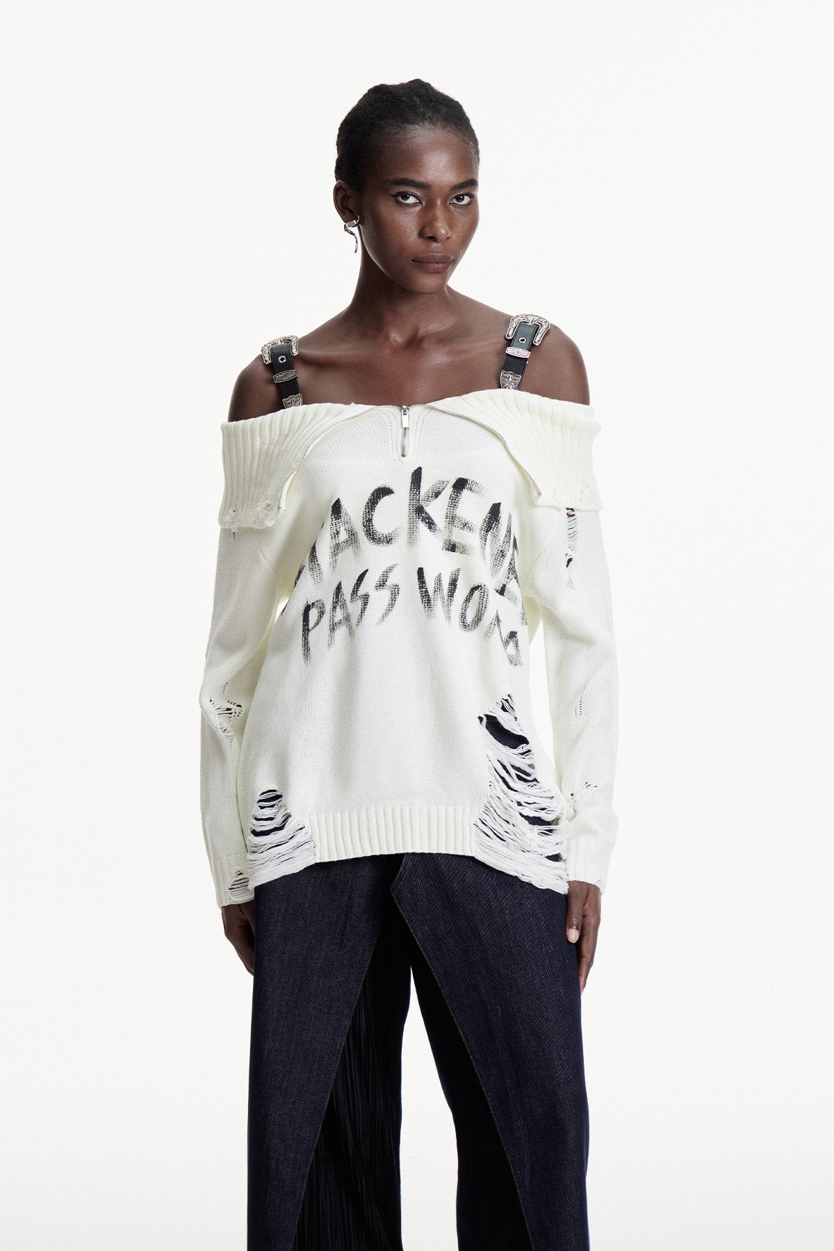 Conlaoch Off Shoulder Fringe Knit Top In White