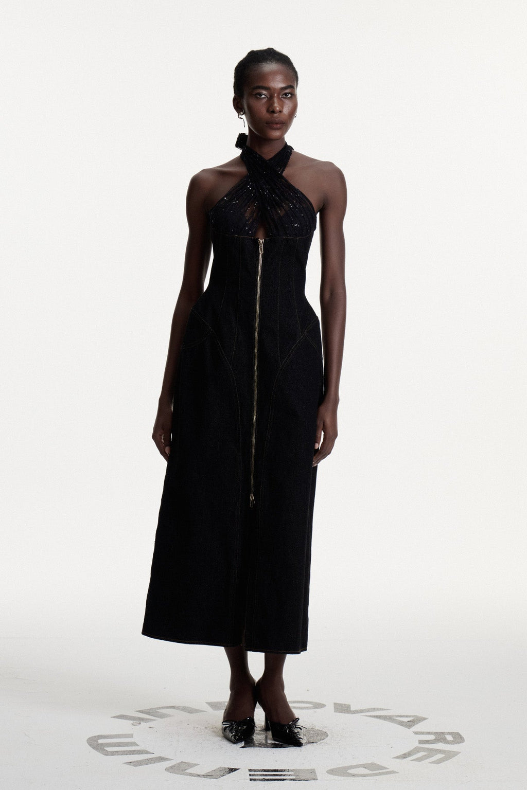 Connell Sequin Halter Neck Denim Maxi Dress