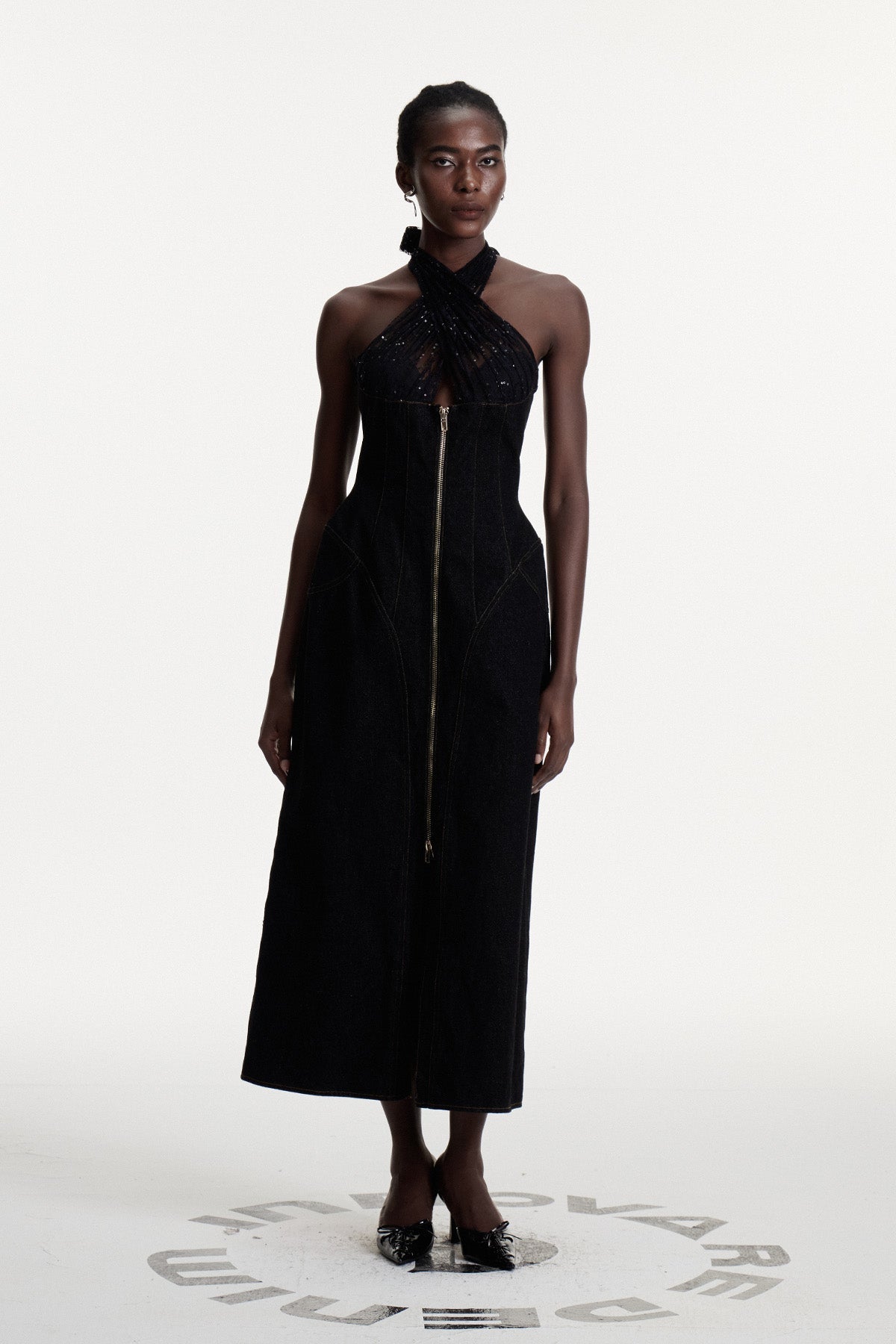 Connell Sequin Halter Neck Denim Maxi Dress