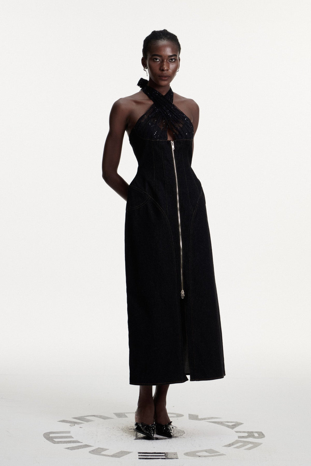 Connell Sequin Halter Neck Denim Maxi Dress