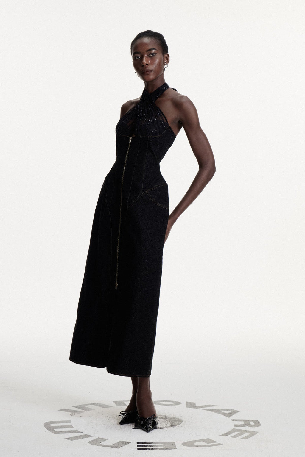 Connell Sequin Halter Neck Denim Maxi Dress