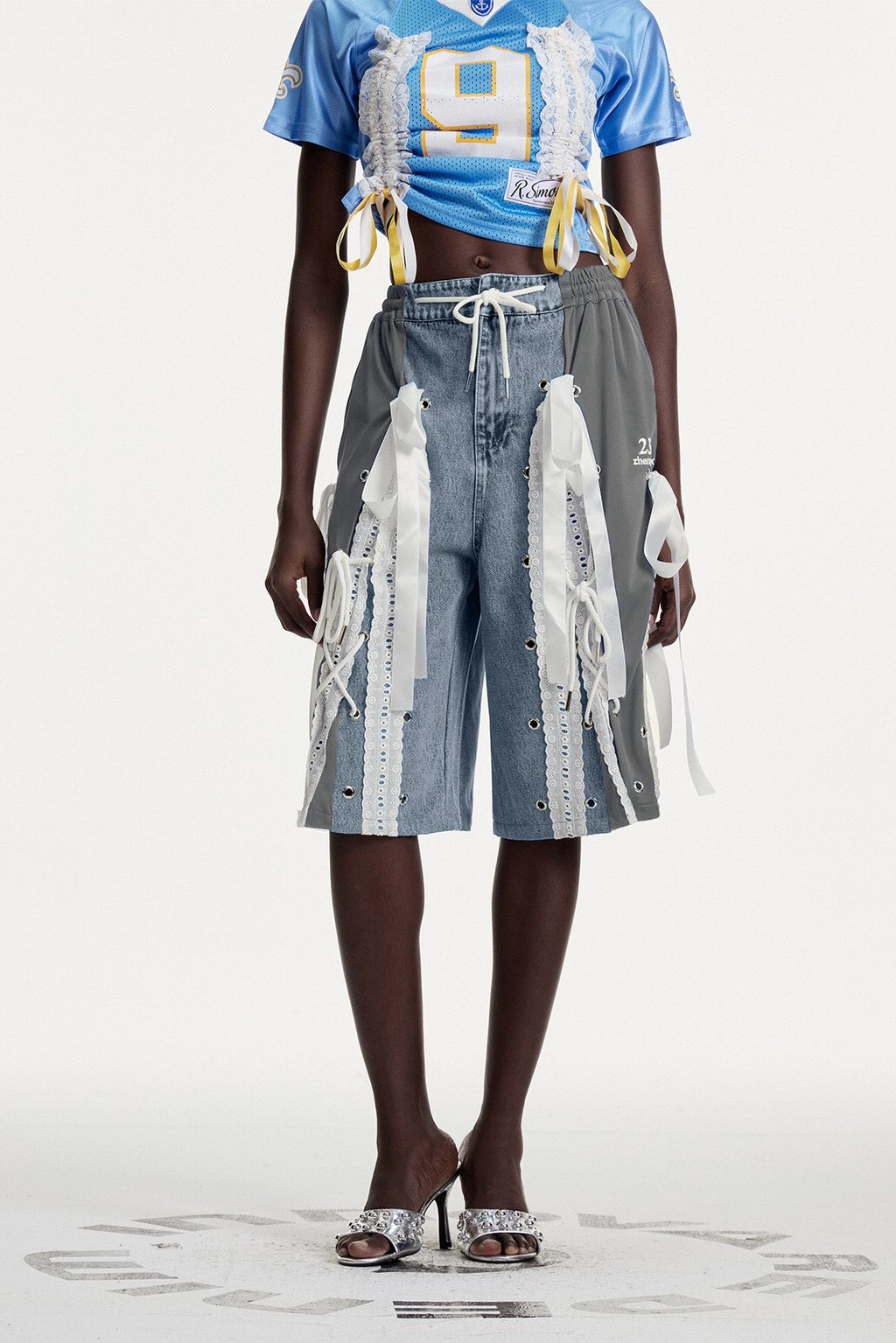 Conner Deconstruct Lace Up Midi Jeans In Grey