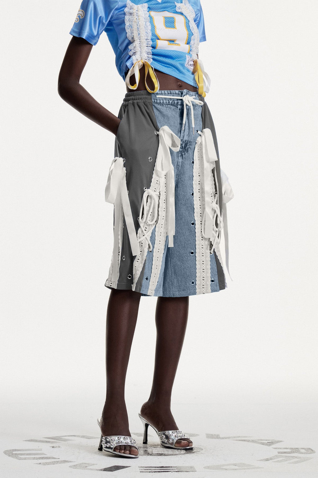 Conner Deconstruct Lace Up Midi Jeans In Grey