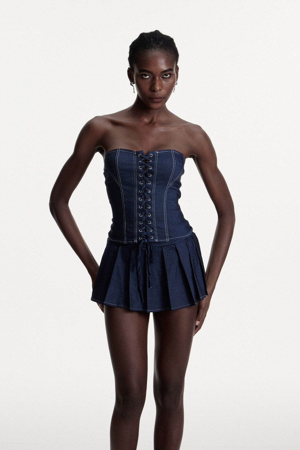 Conor Lace Up Strapless Denim Skirt Set