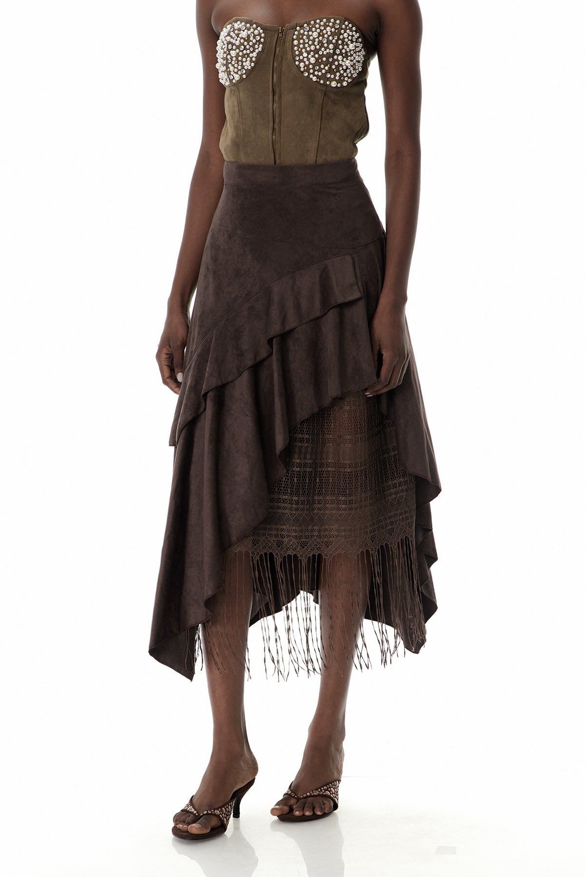 Cruz Suede Ruffle Lace Maxi Skirt