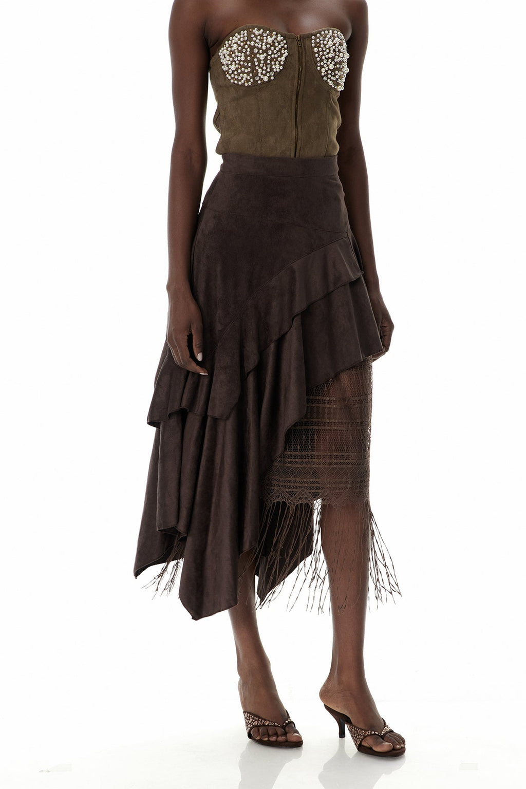 Cruz Suede Ruffle Lace Maxi Skirt