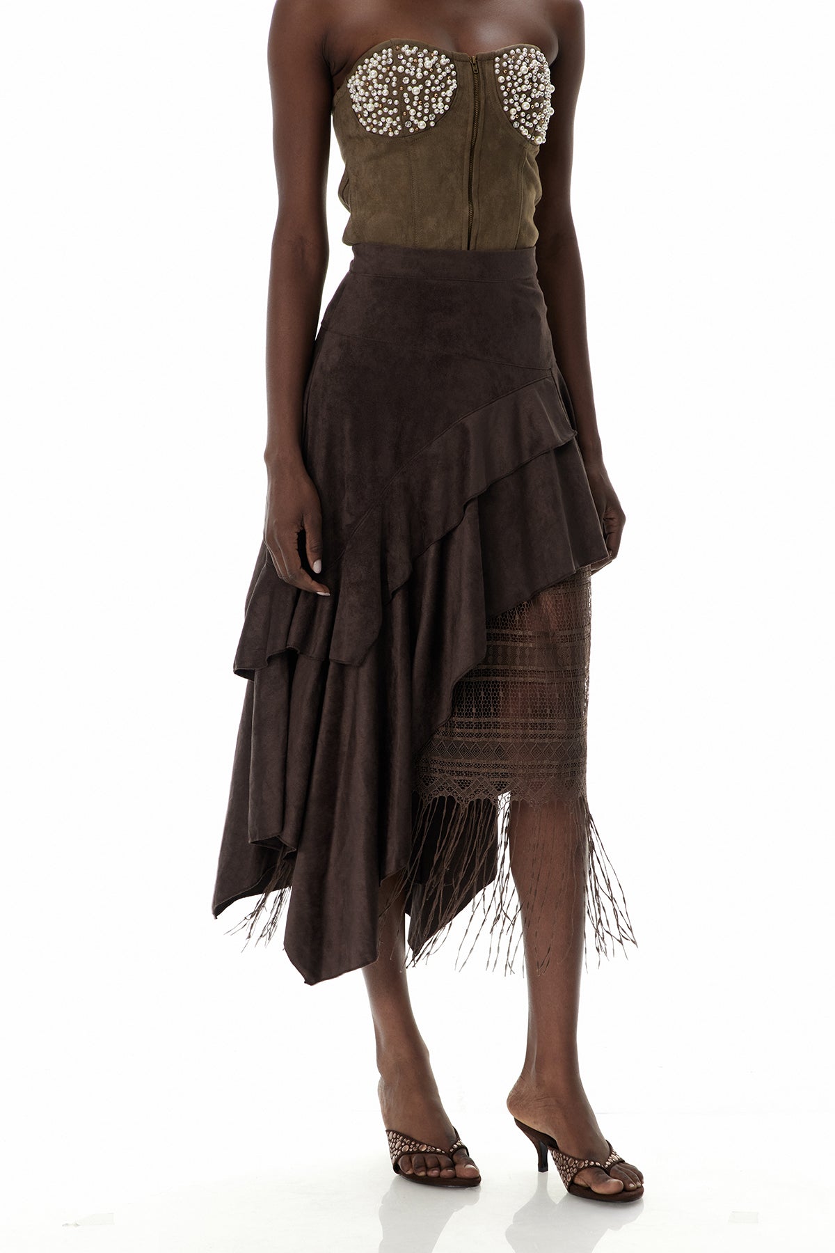 Cruz Suede Ruffle Lace Maxi Skirt