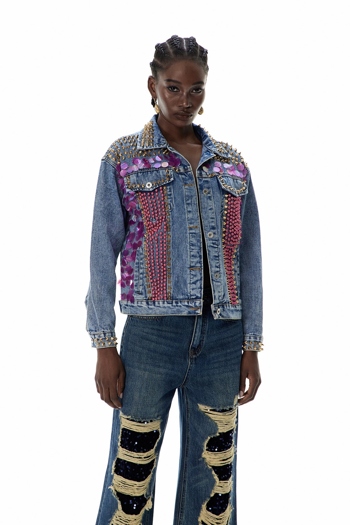 Cruzita Sequin Pearl Denim Jacket