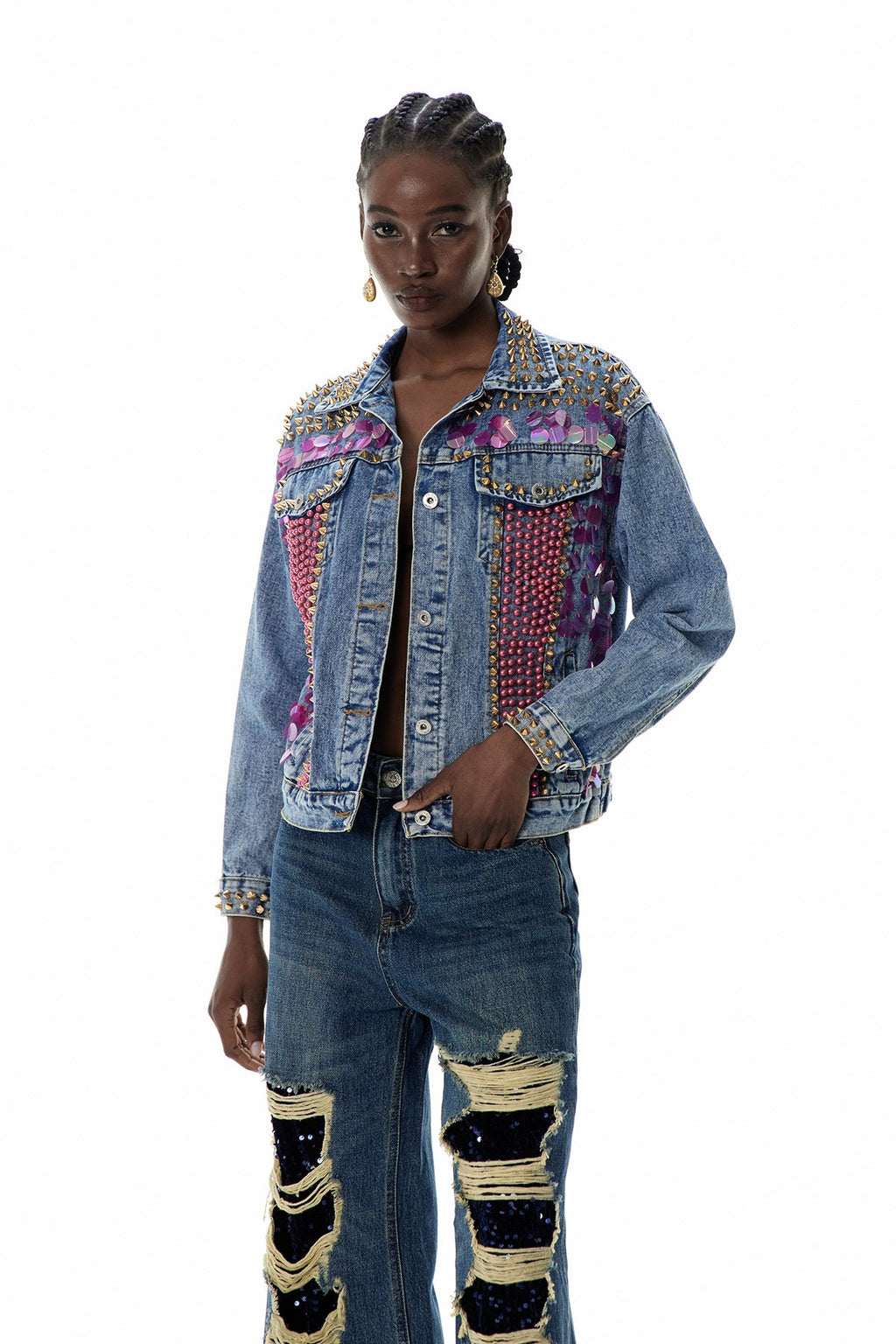 Cruzita Sequin Pearl Denim Jacket