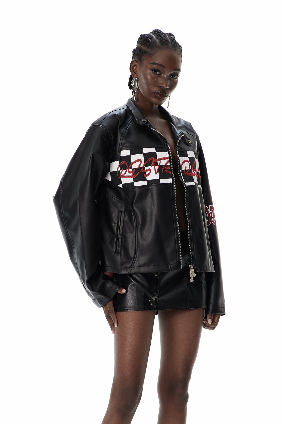 Custodio Grid Print Leather Jacket