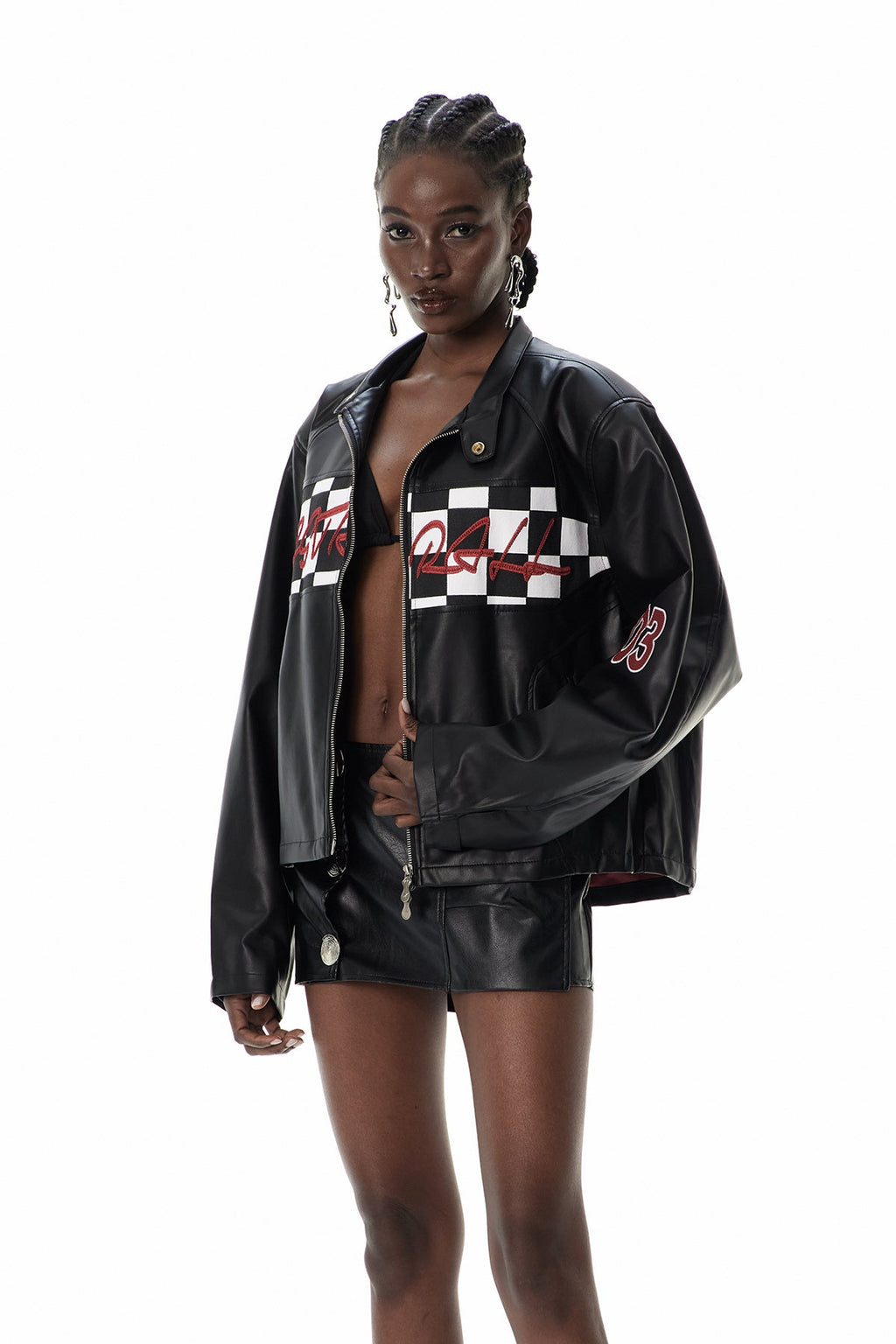 Custodio Grid Print Leather Jacket