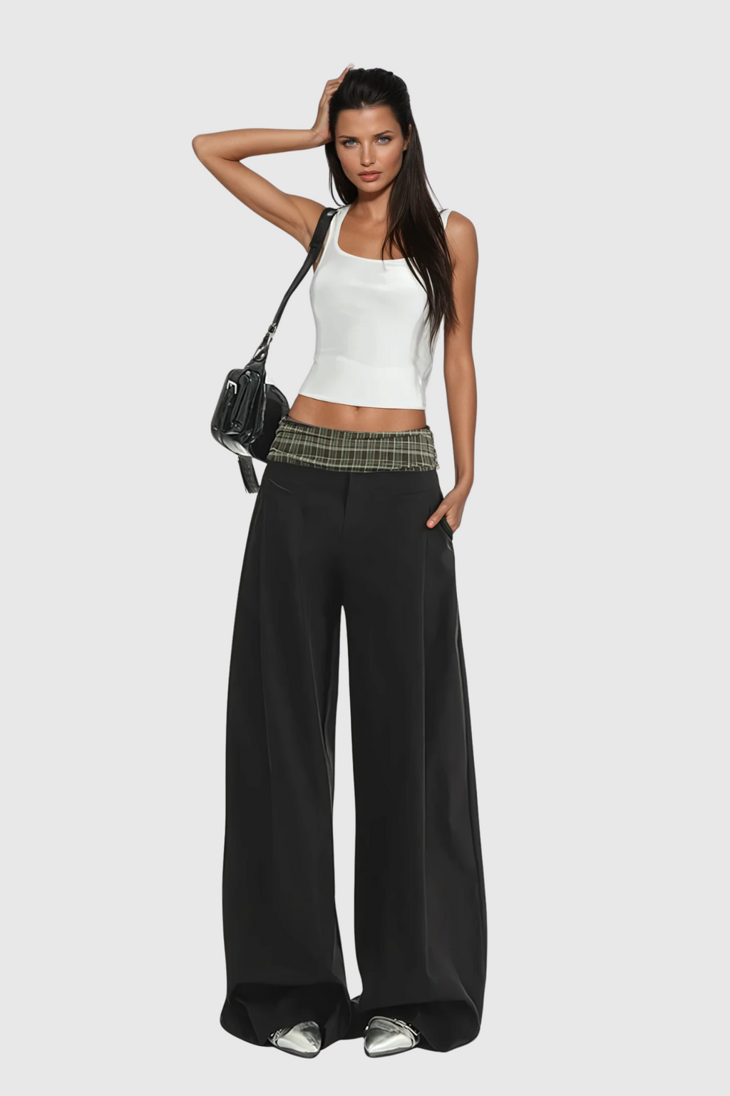 Dado Grid Wide Leg Pants In Black