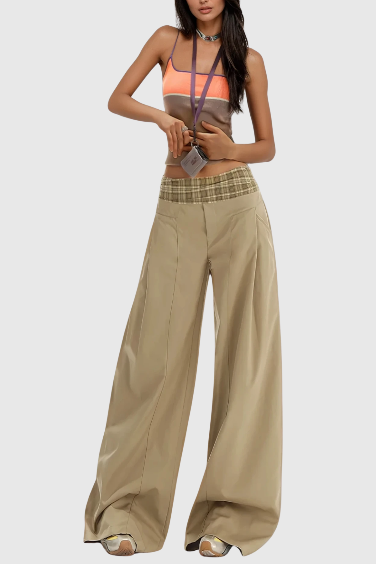 Dado Grid Wide Leg Pants In Khaki