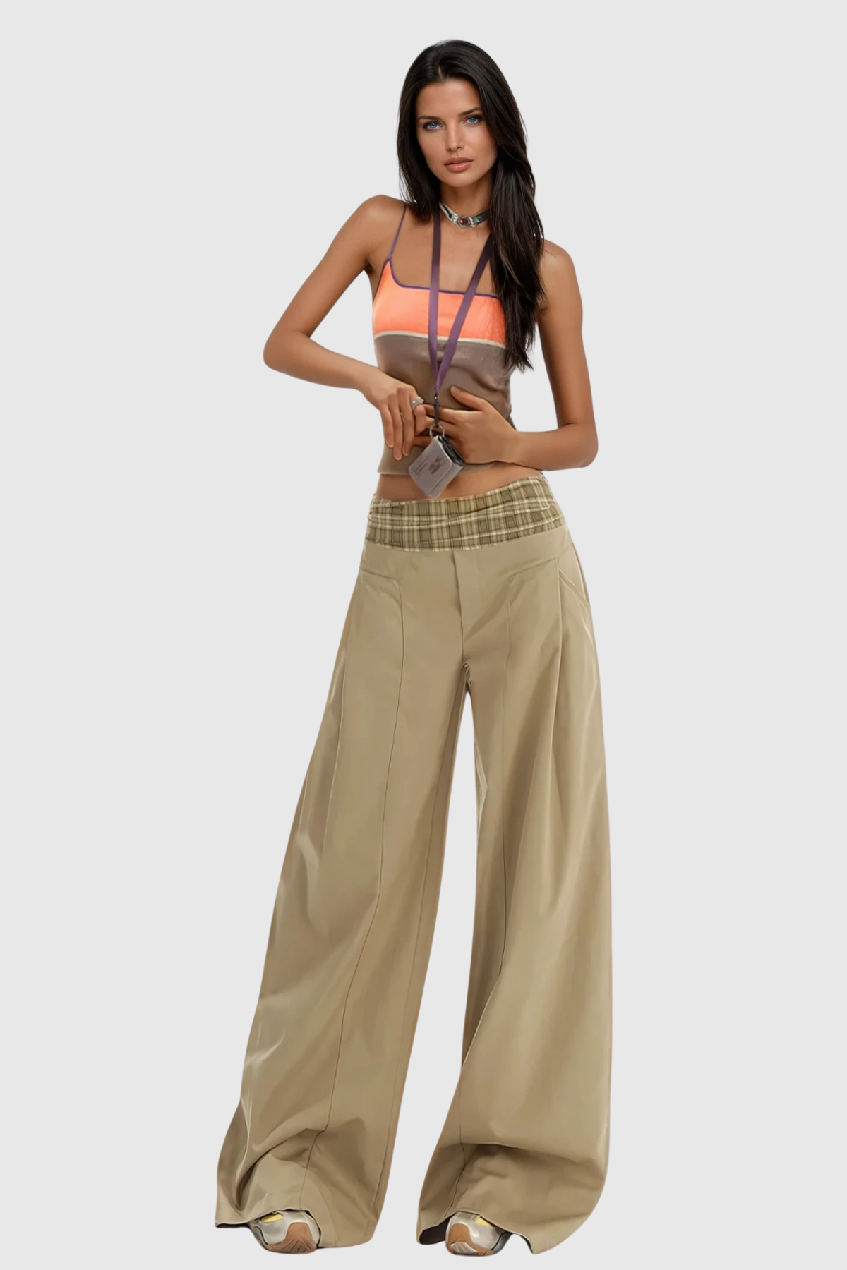 Dado Grid Wide Leg Pants In Khaki