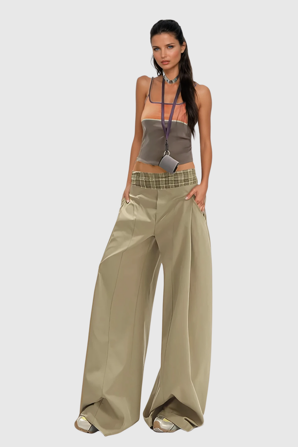 Dado Grid Wide Leg Pants In Khaki