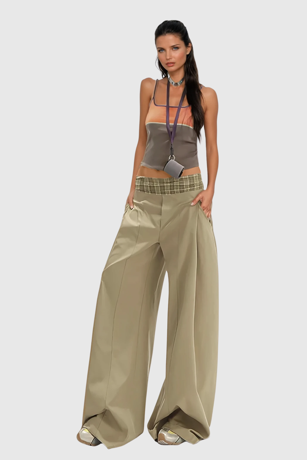 Dado Grid Wide Leg Pants In Khaki