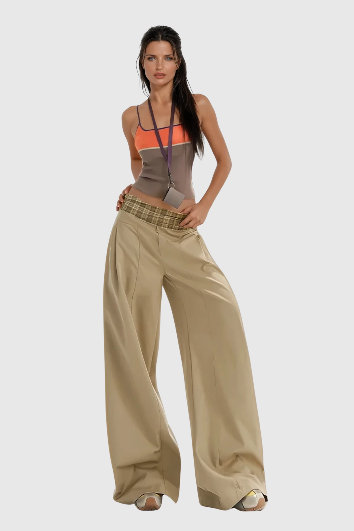 Dado Grid Wide Leg Pants In Khaki