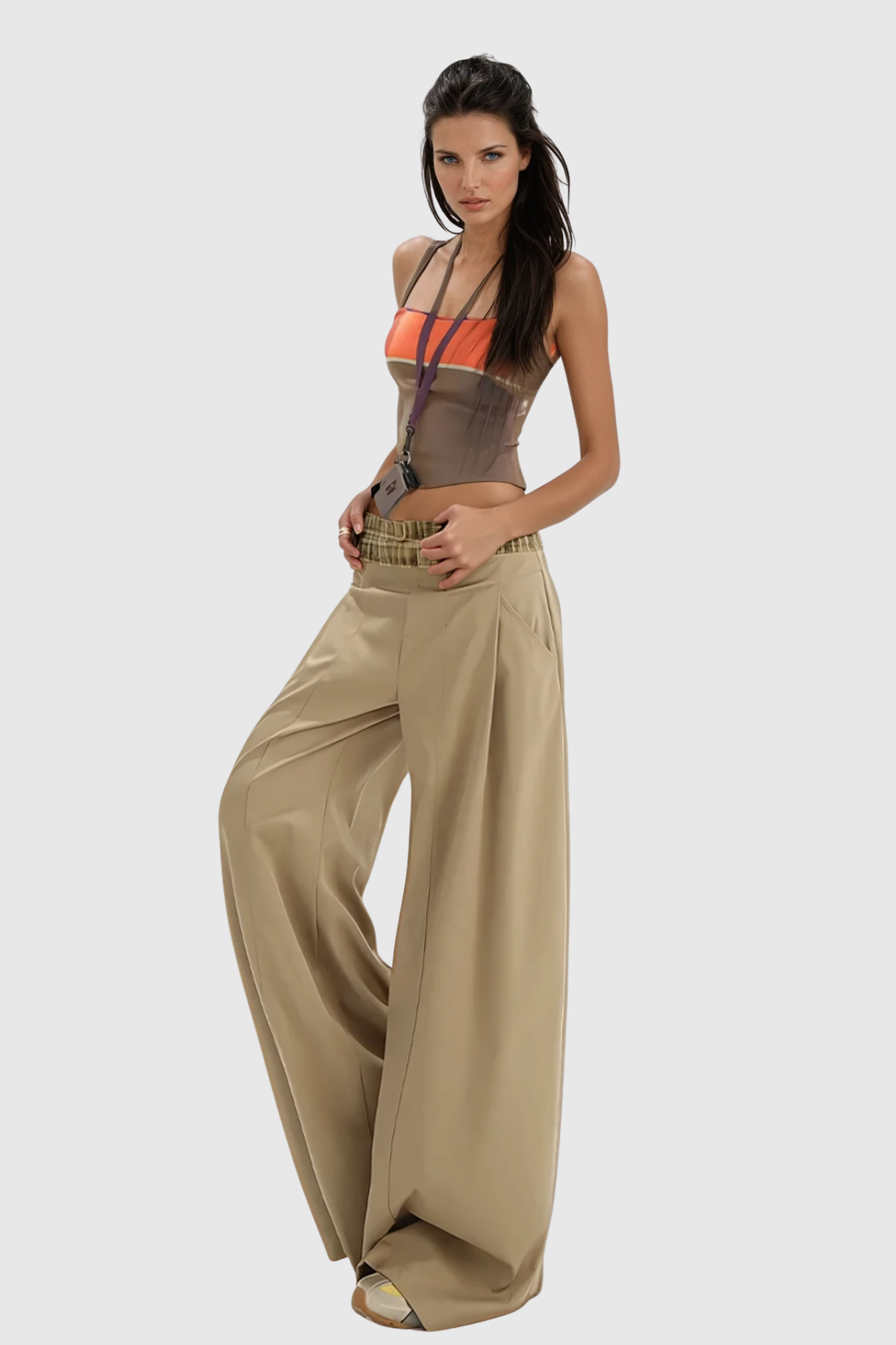 Dado Grid Wide Leg Pants In Khaki
