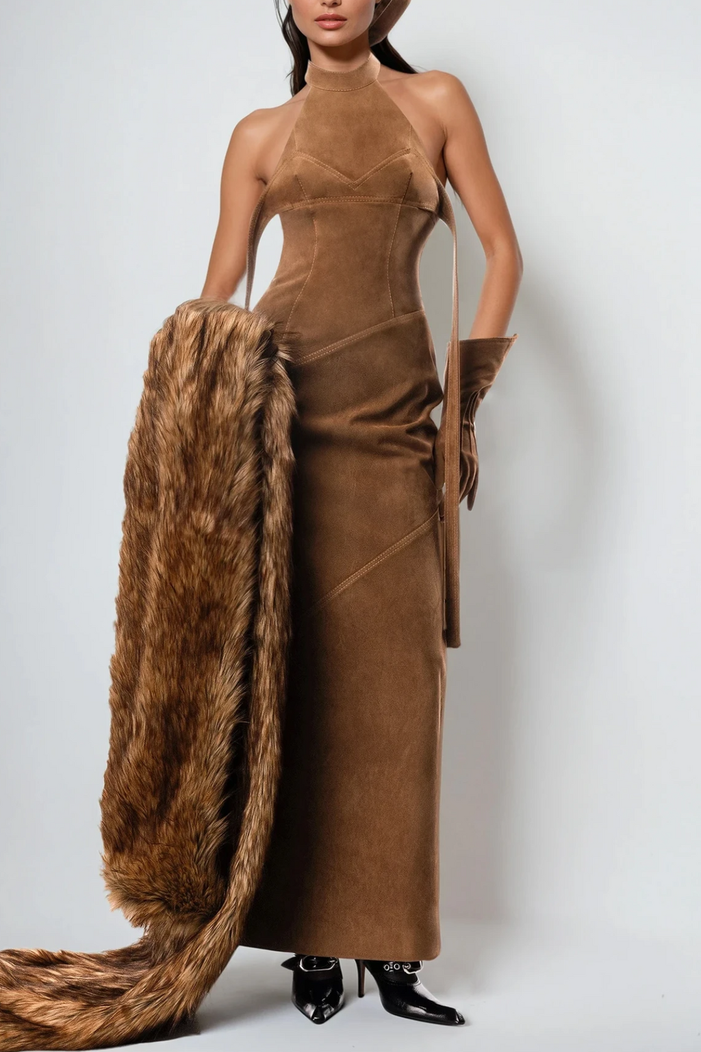 Dafna Halter Neck Suede Maxi Dress