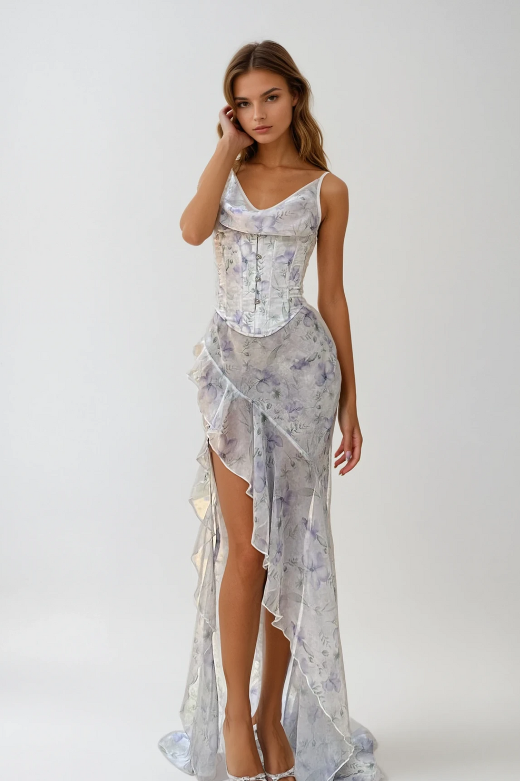 Dafydd Cowl Neck Asymmetric Ruffle Maxi Dress