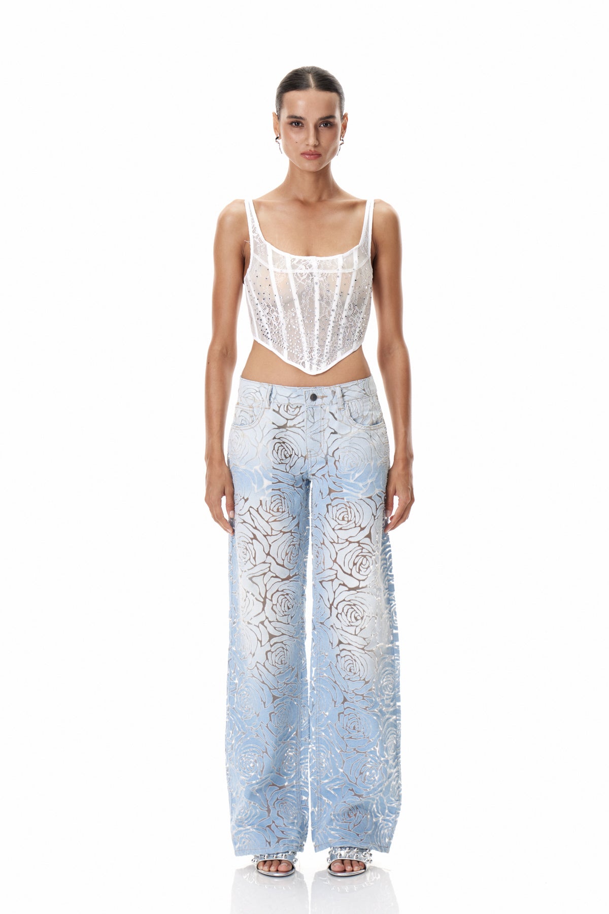 Daidalos Rhinestone Lace Top In White