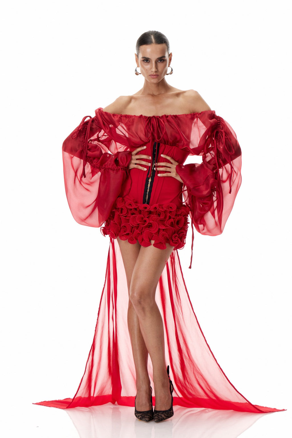 Dainius Off Shoulder Corset Ruffle Mini Dress In Red