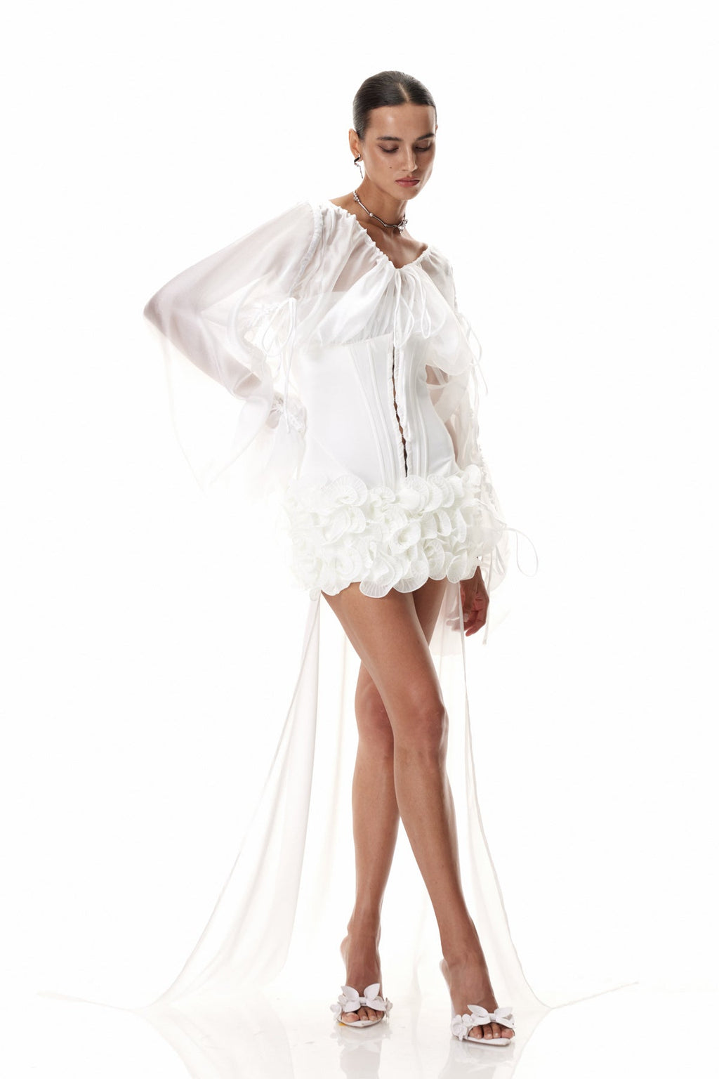 Dainius Off Shoulder Corset Ruffle Mini Dress In White