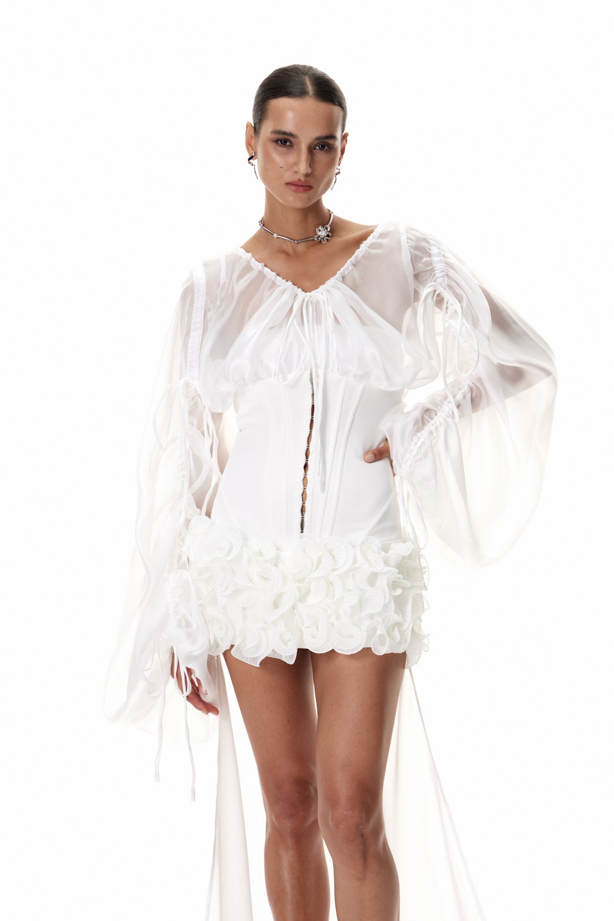 Dainius Off Shoulder Corset Ruffle Mini Dress In White